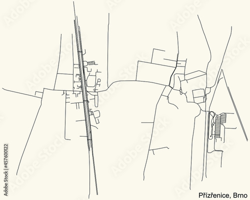 Detailed navigation urban street roads map on vintage beige background of the brněnský Přízřenice cadastral area of the Czech regional capital city of Brno, Czech Republic