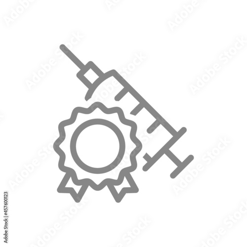 Medical syringe and reward, medal line icon. Vaccination, best injection, medical advances symbol