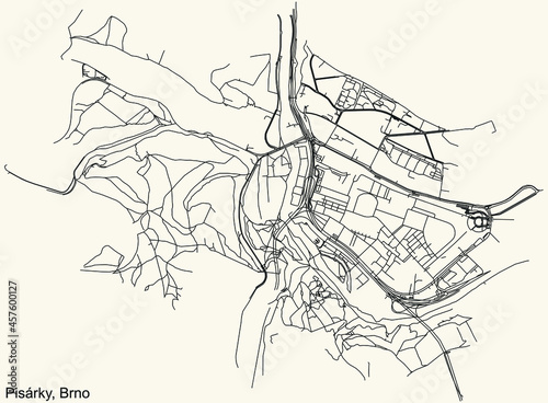 Detailed navigation urban street roads map on vintage beige background of the brněnský Pisárky cadastral area of the Czech regional capital city of Brno, Czech Republic