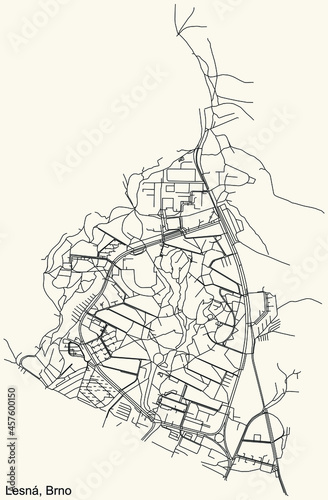 Detailed navigation urban street roads map on vintage beige background of the brněnský Lesná cadastral area of the Czech regional capital city of Brno, Czech Republic