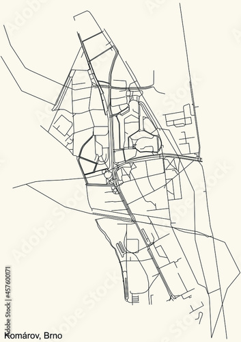 Detailed navigation urban street roads map on vintage beige background of the brněnský Komárov cadastral area of the Czech regional capital city of Brno, Czech Republic