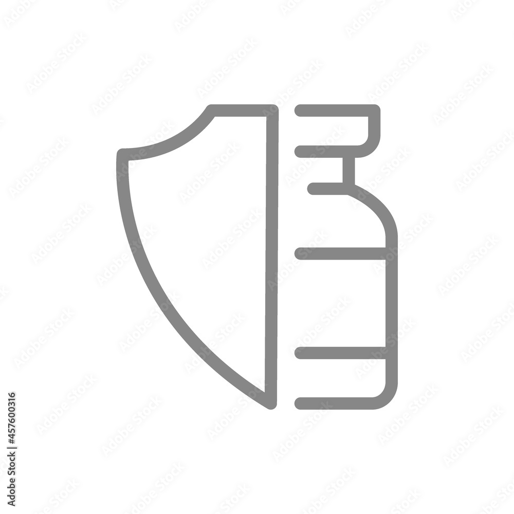 Medical ampoule and shield line icon. Vaccination of the population, serum, preventive measures, immunization symbol Medical ampoule and shield line icon. Vaccination of the population, serum, preventive measures, immunization symbol