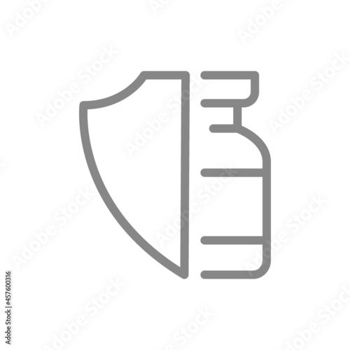 Medical ampoule and shield line icon. Vaccination of the population, serum, preventive measures, immunization symbol