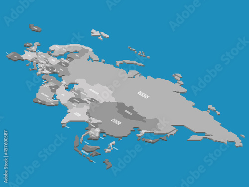 Isometric political map of Eurasia. Grey land with country name labels on blue sea and ocean background. 3D vector illustration