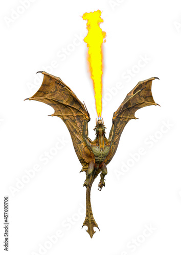 magic dragon is flying up and spiting fire