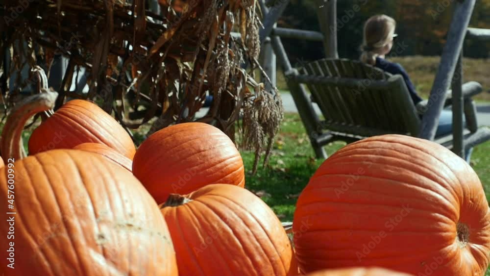 A woman swings on a pumpkin farm in New England
