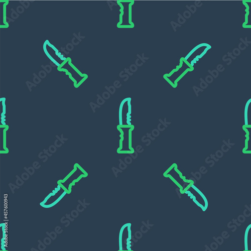 Line Military knife icon isolated seamless pattern on blue background. Vector
