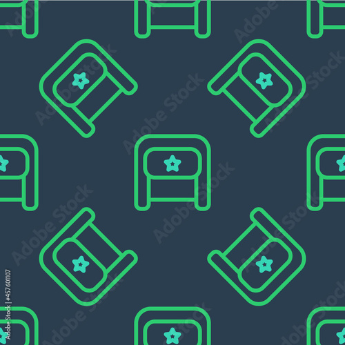 Line Ushanka icon isolated seamless pattern on blue background. Russian fur winter hat ushanka with star. Soviet Union uniform of KGB and NKVD. Vector