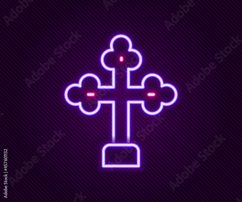 Glowing neon line Christian cross icon isolated on black background. Church cross. Colorful outline concept. Vector