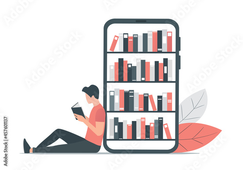 Reading book concept. Online book store. Colored flat vector illustration. Isolated on white background.