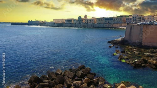 Coast of Ortigia island at city of Syracuse, Sicily, Italy