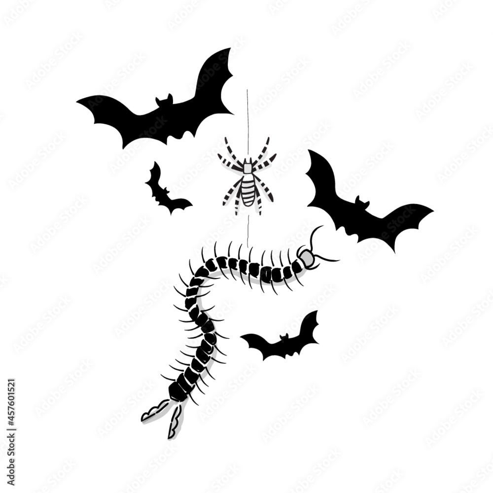 Halloween vector drawing of bats, spider and centipede for seasonal greeting, store sign, invitation - Graphic Element - Hand-drawn design.