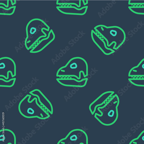 Line Dinosaur skull icon isolated seamless pattern on blue background. Vector