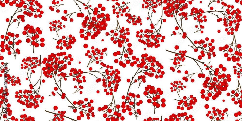  Seamless Christmas background realistic branches with holly red berries isolated on white background. Vector illustration use for design of fabric, wrapping paper, holiday cards, wrappers. - obrazy, fototapety, plakaty 