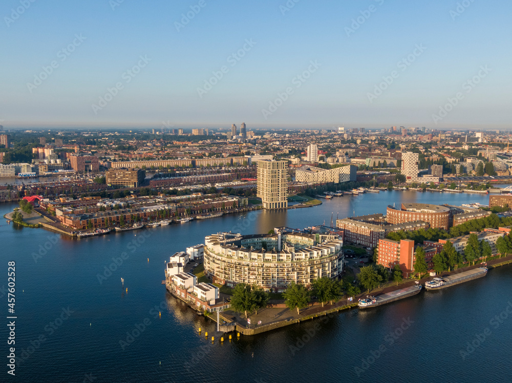 Aerial view of KNSM island and Emerald Empire building in Amsterdam