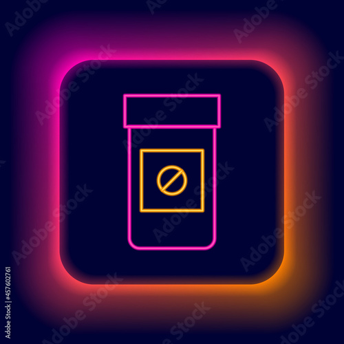 Glowing neon line Sports doping, anabolic drugs icon isolated on black background. Anabolic steroids tablet. Pills in jar. Colorful outline concept. Vector