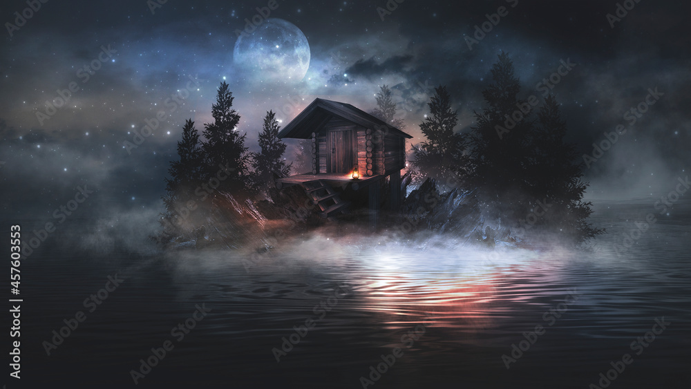 Night fantasy landscape with island of stones on the water, wooden fantasy house over water, night, moonlight, fog, night lantern, reflection in the water. 3D