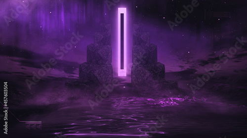 Fototapeta Naklejka Na Ścianę i Meble -  Futuristic fantasy night landscape with abstract landscape and island, moonlight, radiance, moon, neon. Dark natural scene with light reflection in water. Neon space galaxy portal. 3D illustration. 
