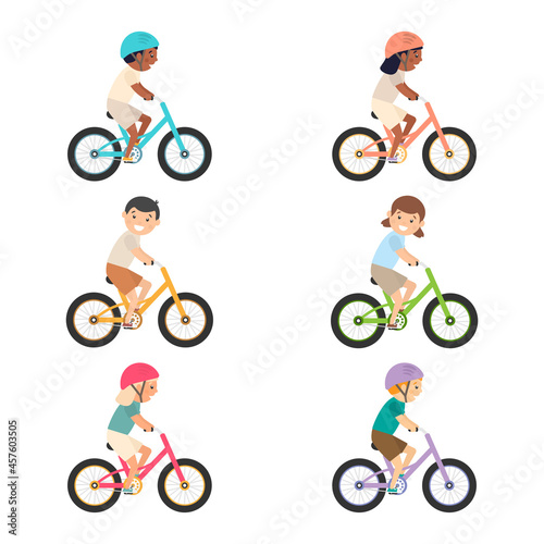 Cute happy children riding bicycles set. Sport vehicles competition concept. Girl and boy ride bikes collection. Vector illustration isolated on white	