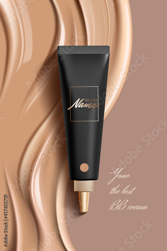 Advertising poster for cosmetic product for catalog, magazine. Design of cosmetic package. Advertising of foundation cream, concealer, base, BB cream. Realistic creamy texture