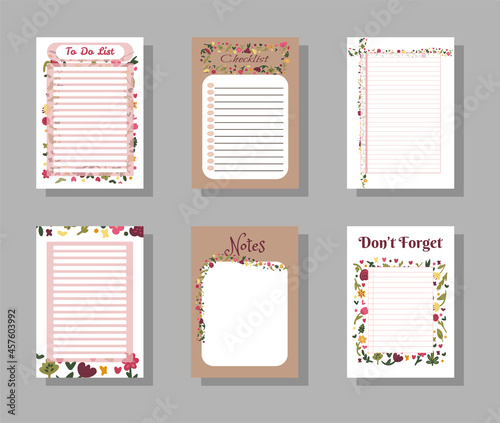 Set of note papers with flower illustrations. Template for agenda, schedule, planners, checklists, notebooks, cards.