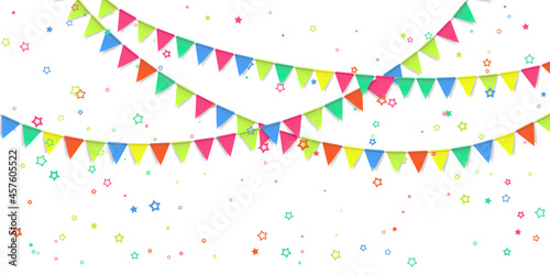 Beautiful pattern colorful flags garland and confetti. Carnival garland with pennants for birthday celebration, festival and fair decoration. Colorful confetti falling on a white background. Vector