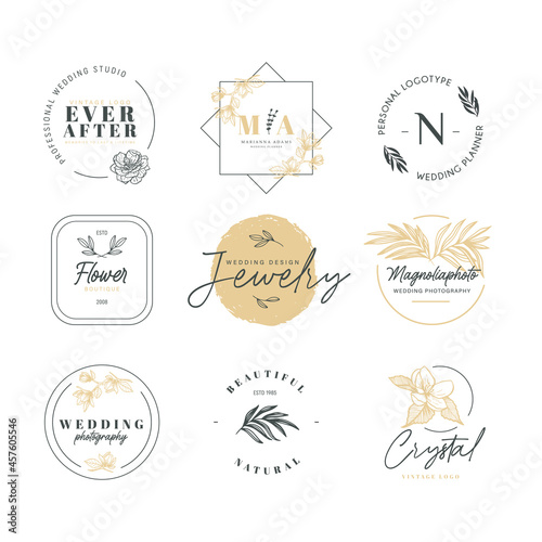 Set with Hand Drawn Logo with Wild Flower, Magnolia and Leaves. Logo for wedding studio, flower boutique, wedding planner, floral designer, interior, photography, cosmetic. Vector floral element