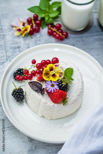 Vegan country cheese dessert with yogurt, berries and red currants.