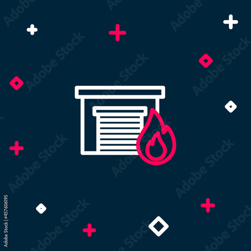 Line Fire in burning garage icon isolated on blue background. Colorful outline concept. Vector