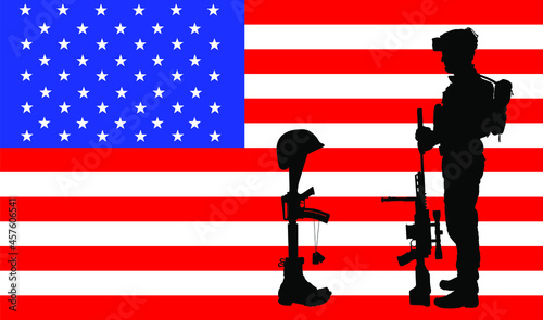 United States of America Fallen soldier symbol vector silhouette illustration USA flag. Rifle in boots, helmet and military identification plate. Battlefield dead soldier memories. Comrade lost friend