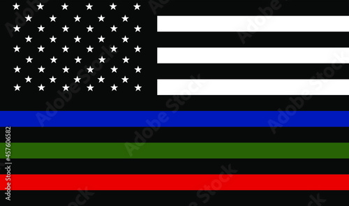 Memorial USA flag united Thin Red Green Blue Line. Firefighter flag remembering memories on fallen fire fighters officers on duty and law enforcement. Fireman soldier military and policeman vector.