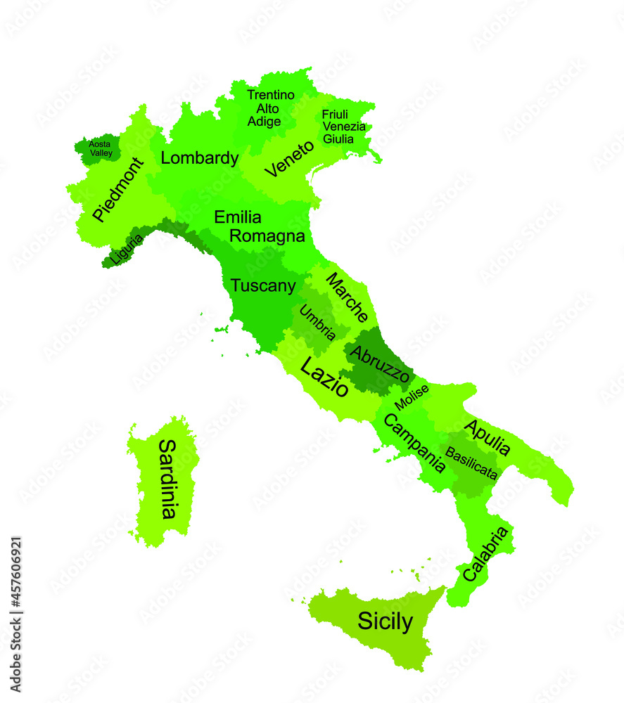 Editable vector map of Italy vector illustration isolated on white background. Autonomous communities of Italy. Detailed Italian regions administrative divisions, separated provinces. outline map.