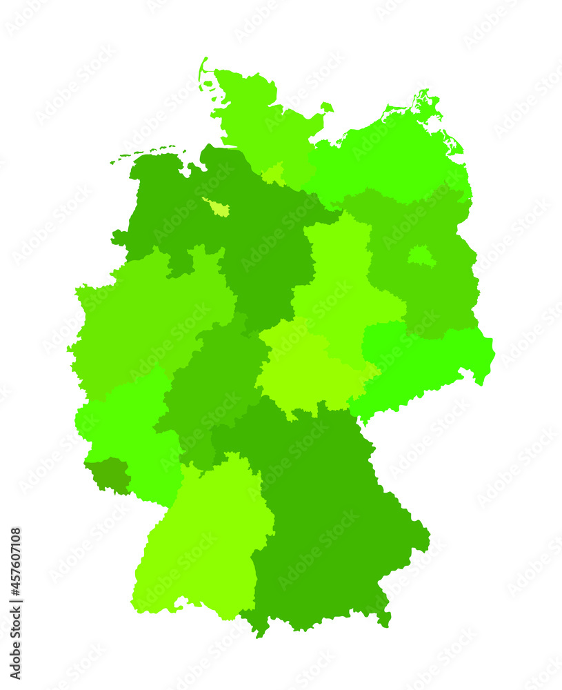 Germany map vector silhouette illustration isolated on white background. Deutschland autonomous communities. High detailed Green Germany map regions administrative divisions, separated provinces map.