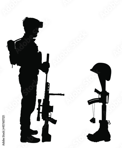 Comrade lost friend on battlefield. headstone fallen soldier vector silhouette illustration. Rifle in boots helmet, military identification plate. Dead soldier memories. Sad trooper sniper companion.