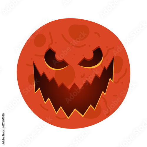 Red moon with carved scary spooky jack-o-lantern creepy toothy smile face. Evil happy halloween holiday celebration symbol on lunar surface. Vector eps illustration isolated on white background