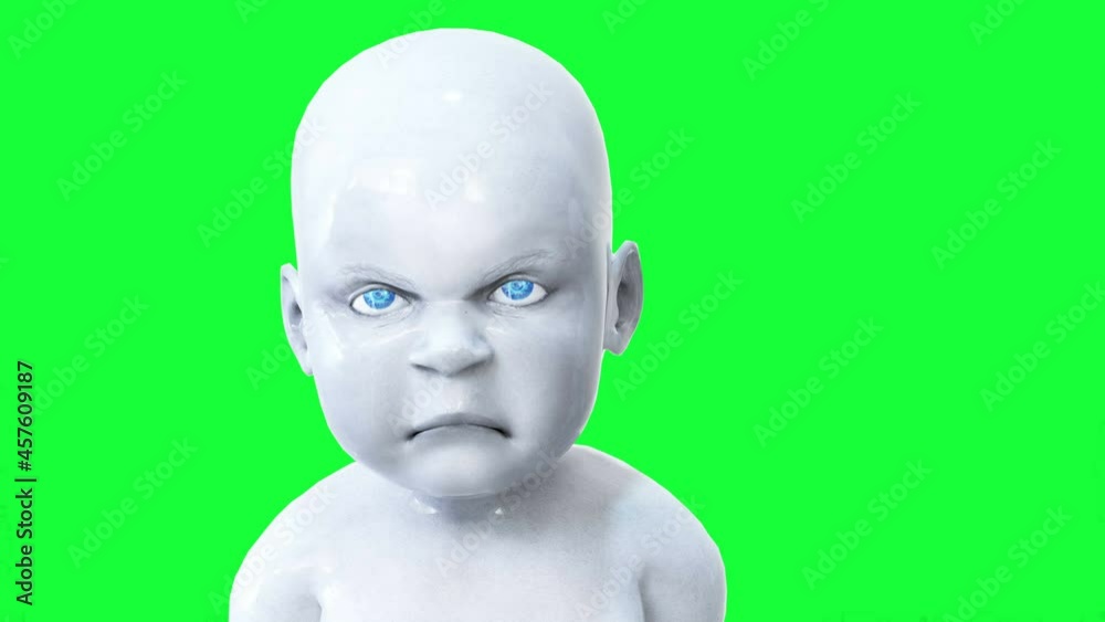 Evil speaking robot baby, children. Green screen realistic animation. Evil speaking robot baby, children. Green screen realistic animation.