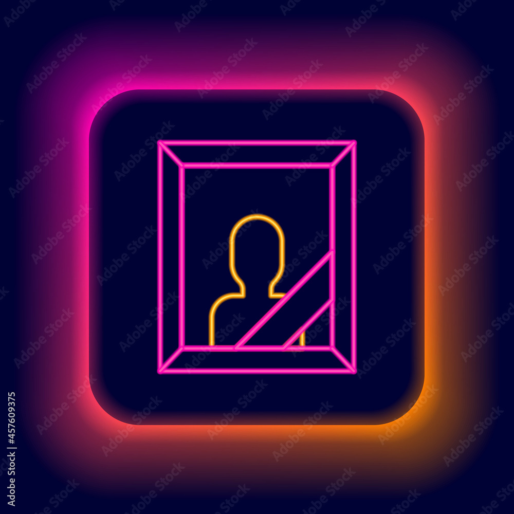 Glowing neon line Mourning photo frame with black ribbon icon isolated on black background. Funeral ceremony and condolence card layout. Colorful outline concept. Vector Glowing neon line Mourning photo frame with black ribbon icon isolated on black background. Funeral ceremony and condolence card layout. Colorful outline concept. Vector