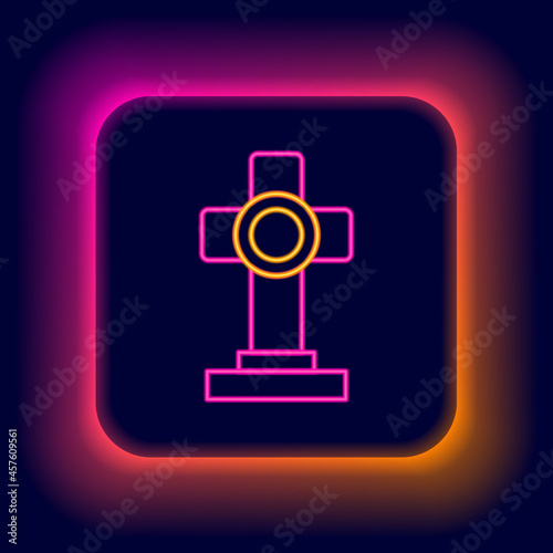 Glowing neon line Grave with cross icon isolated on black background. Colorful outline concept. Vector