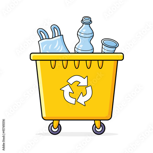 Yellow recycling garbage can or dumpster isolated full with plastic rubbish, wheelie trash bin cartoon vector illustration, waste management.
