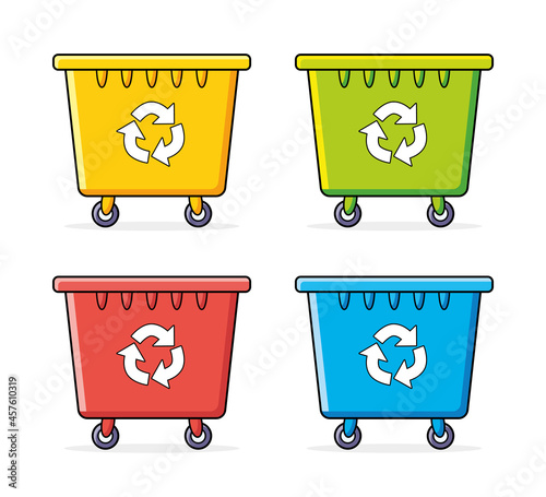 Recycling garbage dumpster can isolated, wheelie trash bin cartoon vector icons colors set, waste segregation management.