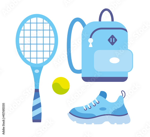 Blue tennis racket with ball, school bag or travel backpack, sneaker shoe, sport fitness equipment isolated flat vector.