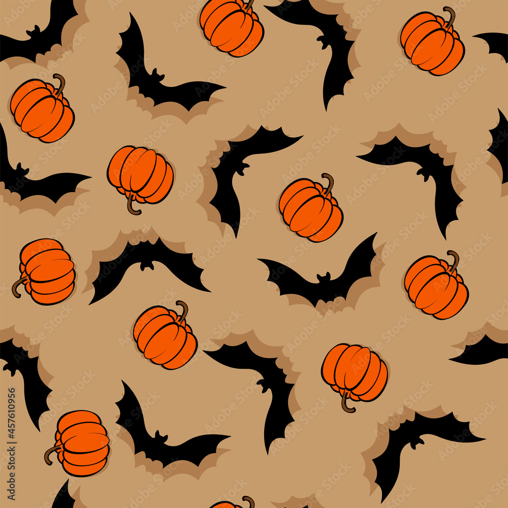 Vector. Halloween seamless pattern with bats and orange pumpkins with shadow, holiday decorations. Halloween party invitation card mockup. Flat lay, top view.