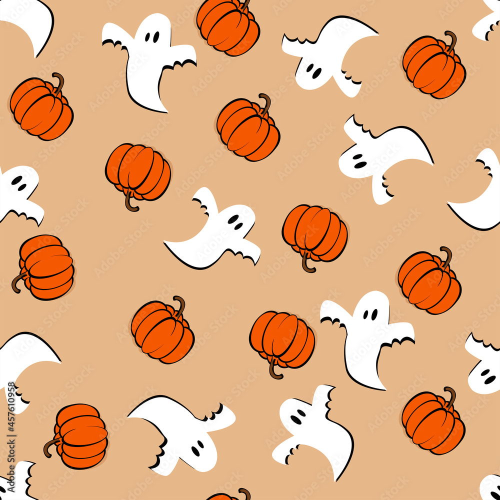 Vector. Halloween seamless pattern: ghost and orange pumpkins with shadow, holiday decorations. Halloween party invitation card mockup. Flat lay, top view.