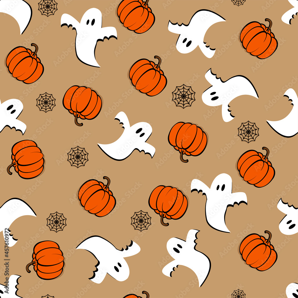 Vector. Halloween seamless pattern: ghost, spider web and orange pumpkins with shadow, holiday decorations. Halloween party invitation card mockup. Flat lay, top view.