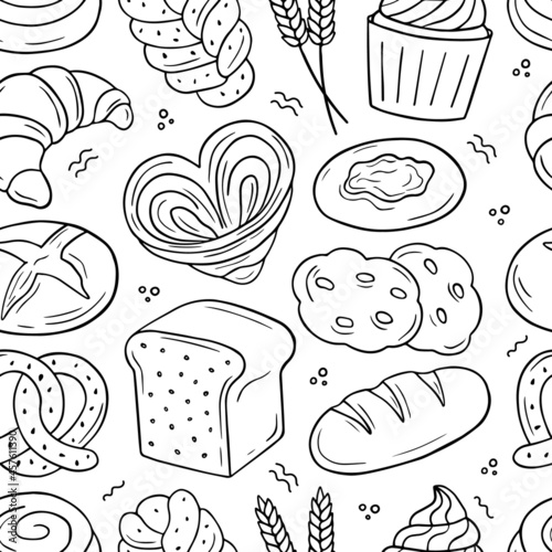 Seamless pattern of bakery doodle. Cupcake, bread, baguette, croissant, bun, biscuit in sketch style. White seamless background. Hand drawn vector illustration.