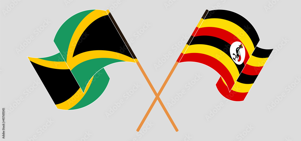 Crossed and waving flags of Jamaica and Uganda Crossed and waving flags of Jamaica and Uganda