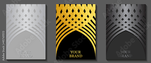 Set of vector gold texture with waves on the black background. Grey gradient colors. Cover. Wedding invitation design. Golden vector illustration for poster, banner, flyer, mobile app.	