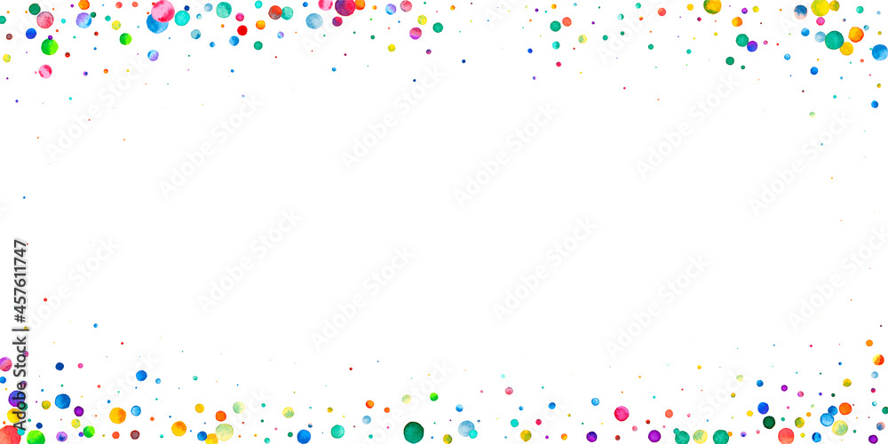 Watercolor confetti on white background. Alluring rainbow colored dots. Happy celebration wide colorful bright card. Resplendent hand painted confetti.