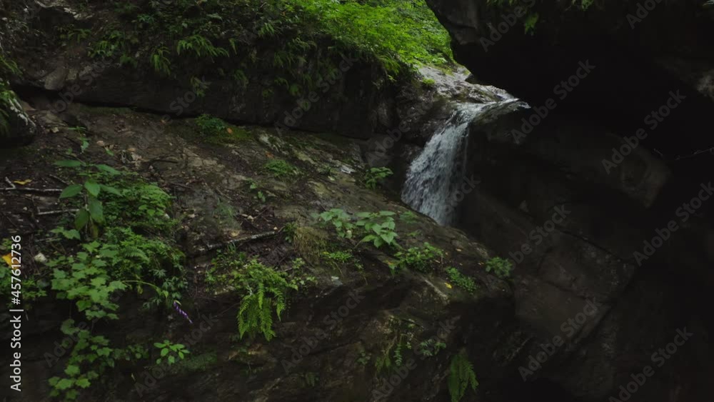 A narrow mountain river flowing like a waterfall between stones, close-up A narrow mountain river flowing like a waterfall between stones, close-up