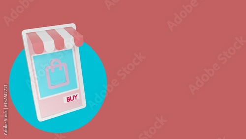 Shopping Online on Mobile phone Application Concept illustration. 3d smartphone with shopping bag icon.